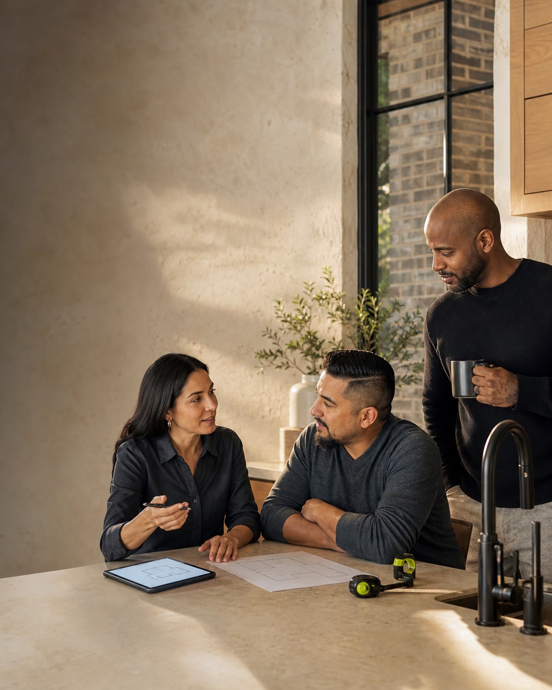 Home advisor having a relaxed whole-home consultation with Dallas homeowners