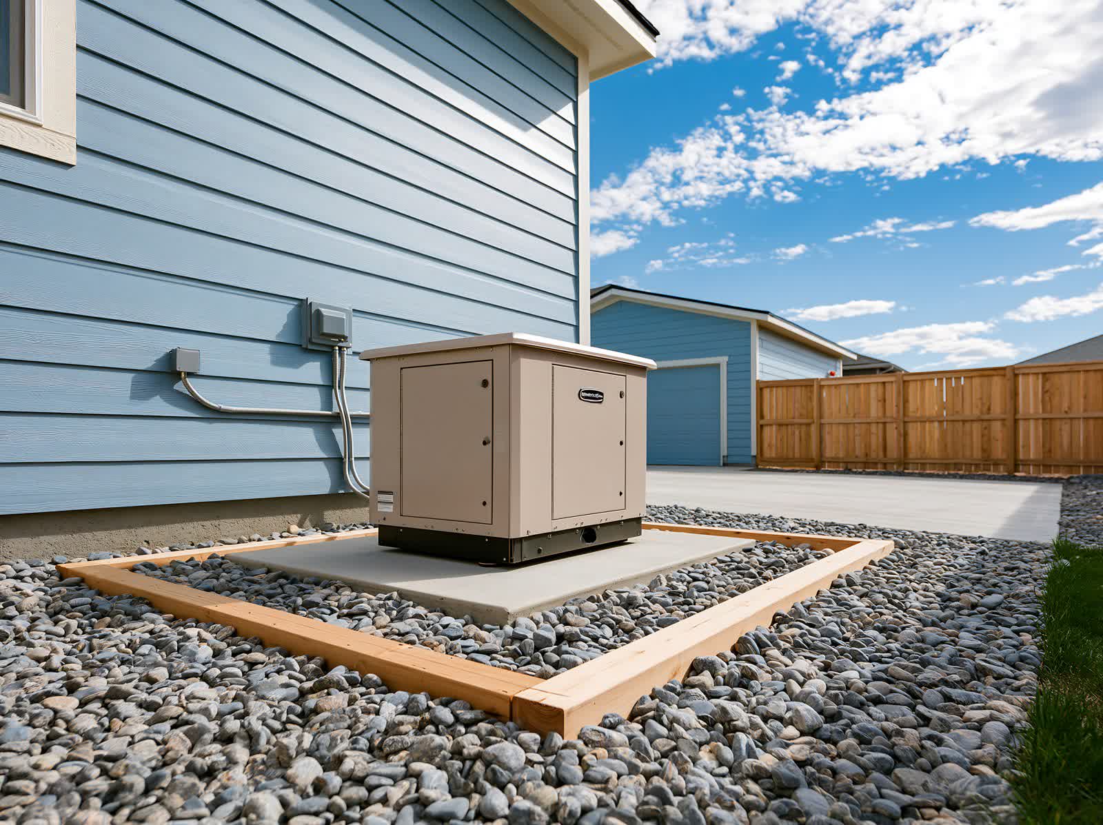 Residential backup power equipment beside a home